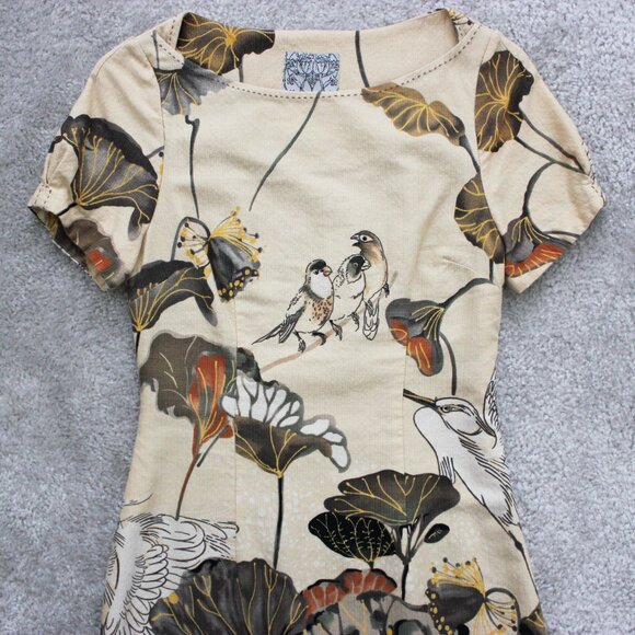 Floreat by Anthropologie Snowy Egret Bird Print Shift Dress w/ Obi Sash, Size 0 - Picture 7 of 12